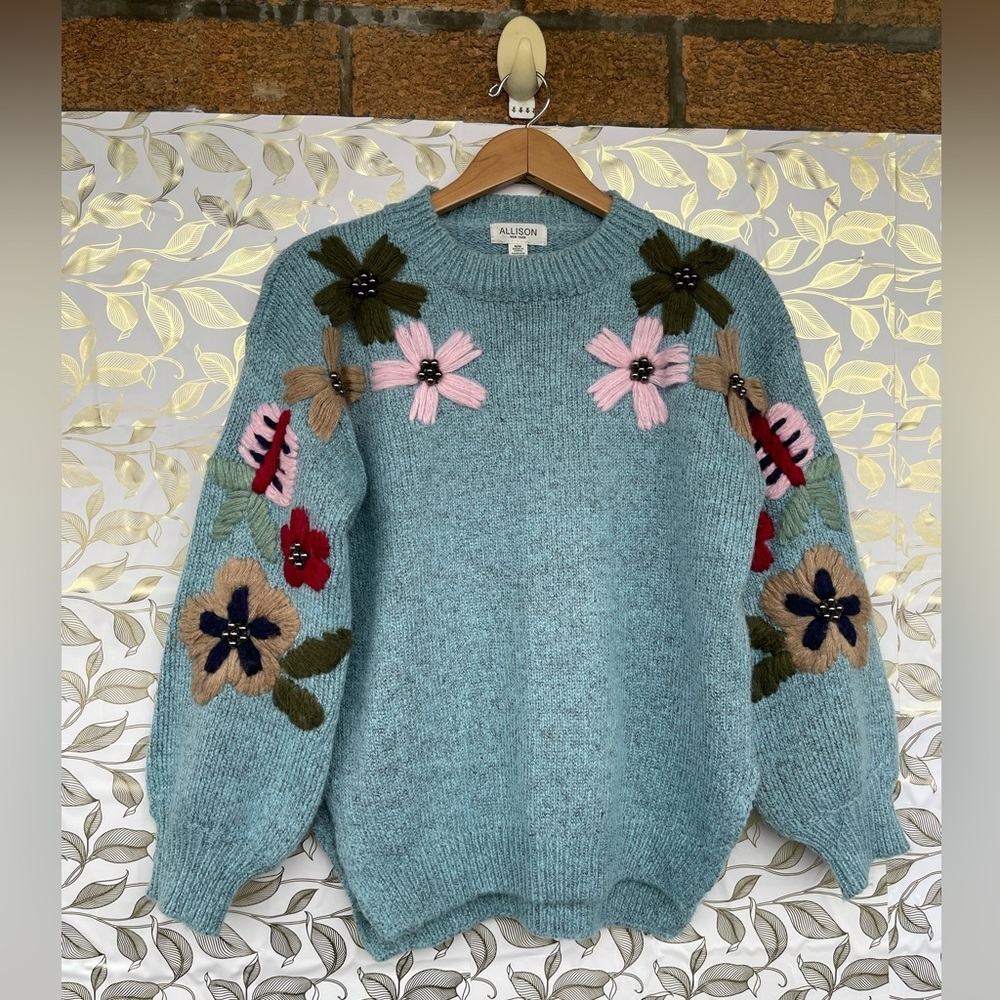 Allison New York Blue Floral 3D Embroidered Sweater | Grandmacore Vibe medium